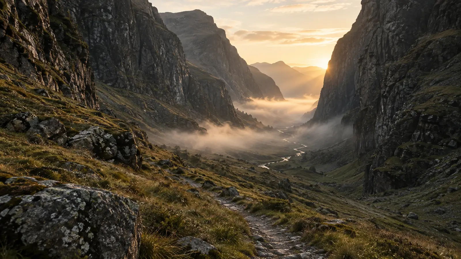 Interpretación visual: sendero en un valle de roca, niebla y luz cálida